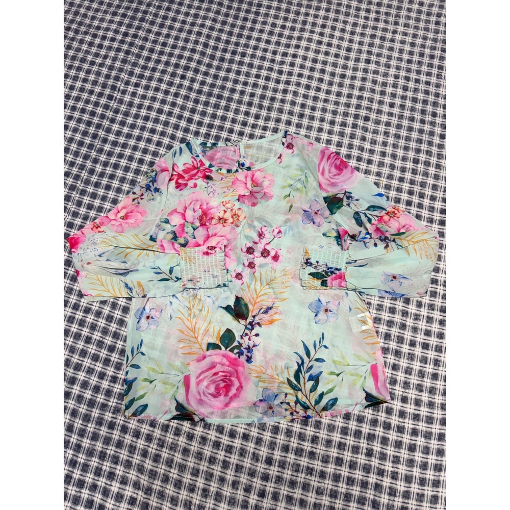 SHEIN Women Mint Green Floral Long Sleeve Blouse Smocked Cuff Top Size Medium